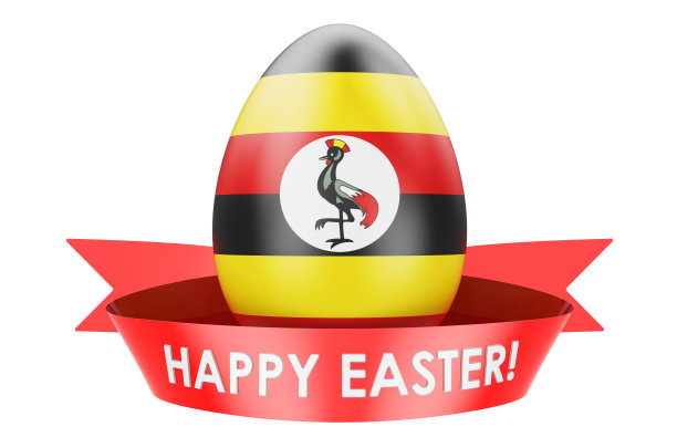 带有乌干达国旗的复活节彩蛋。复活节快乐在乌干达的概念，3D渲染孤立的白色背景图片下载