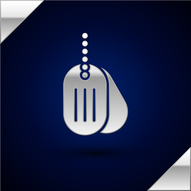 银色军犬标签图标孤立在深蓝色图片下载