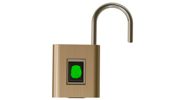 金属指纹挂锁，孤立在白色背景上。安全的概念。3 d渲染。图片下载