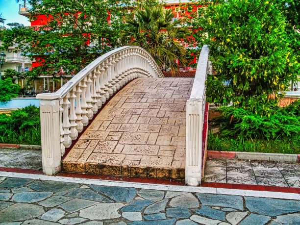 现代住宅入口处的观赏石桥。图片下载