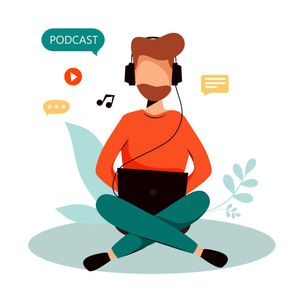 戴着耳机听播客或视频博客的男人图片下载