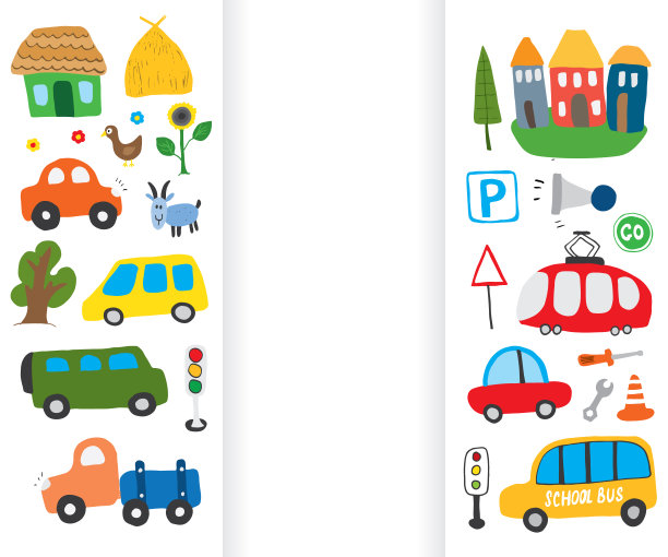 汽车动画设置。可爱的交通涂鸦收藏，矢量插图图片下载