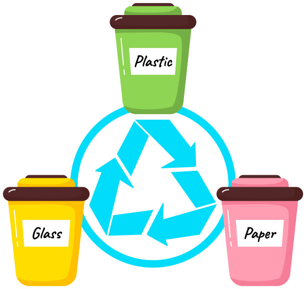 垃圾分类。不同颜色的回收箱，有玻璃、塑料和纸张。“零浪费”的概念图片下载