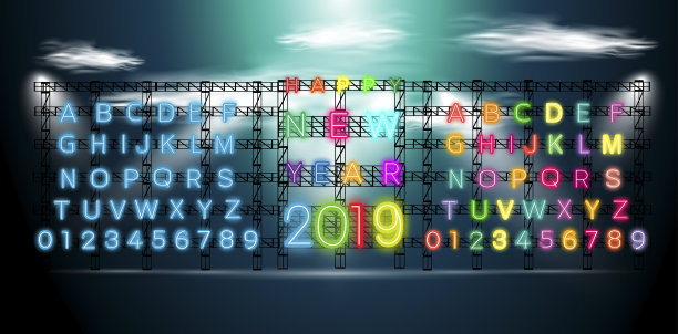 新年快乐2019文字-霓虹字母和数字，风格多彩的，现代的想法和概念矢量插图。图片下载