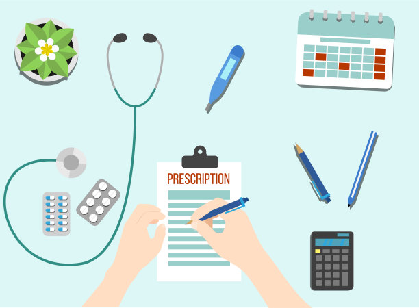 医生在桌子上用医疗器械开处方图片下载