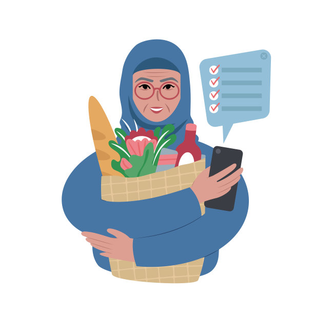 年长的女人戴着头巾，拿着装满食品的袋子，并在智能手机上看购物清单图片下载