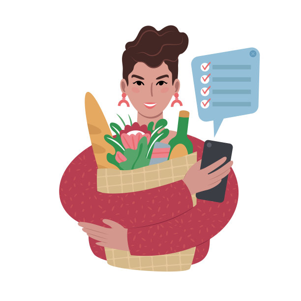 年轻的白人女人拿着购物袋手机上有购物清单。图片下载