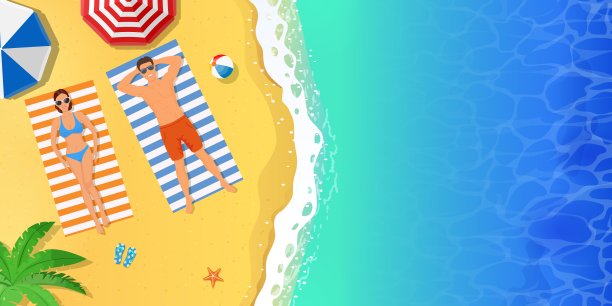 在海滩上晒太阳的漂亮女人和男人。图片下载