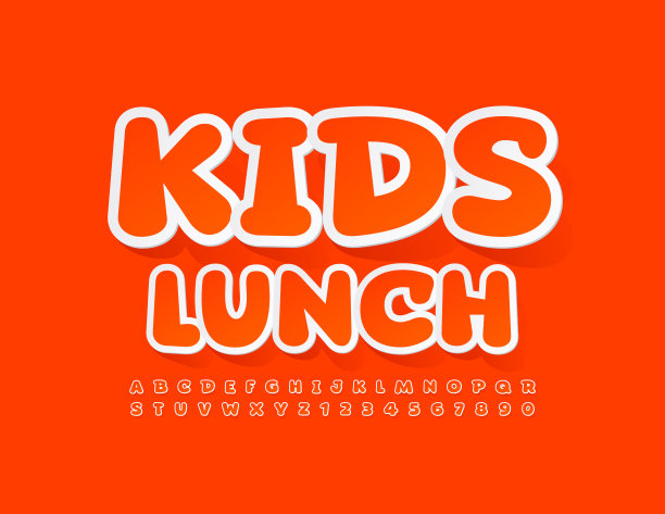向量明亮的徽章儿童午餐贴纸风格字母和数字设置图片下载