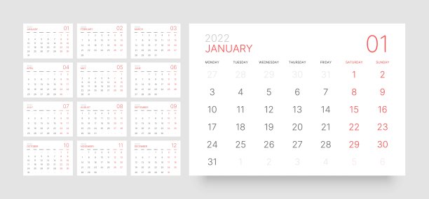 2022年的月历。一周从星期一开始。图片下载