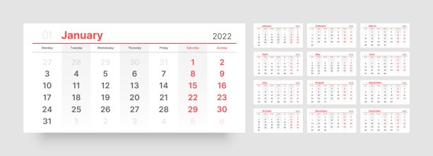 2022年的月历。一周从星期一开始。图片下载