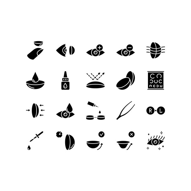 隐形眼镜平面线条图标设置。眼科，眼镜护理，眼解剖，隐形眼镜，医疗工具。简单的平面矢量插图商店，网站或手机应用程序图片下载