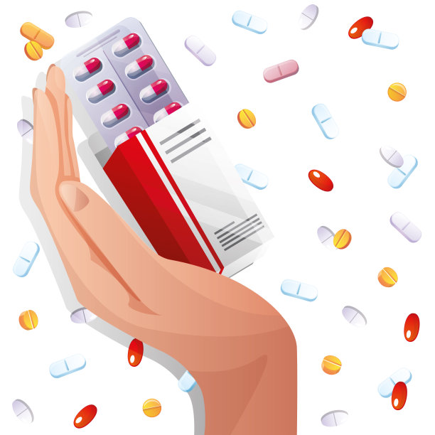 拿着药丸的手放在抽象的白色背景上。创意传单或海报。医疗项目。图片下载