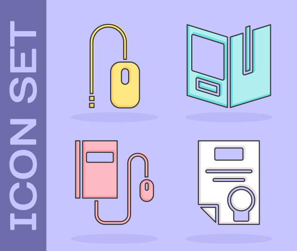 设置“证书模板”、“鼠标”、“鼠标电子书”和“打开图书”图标。向量图片下载