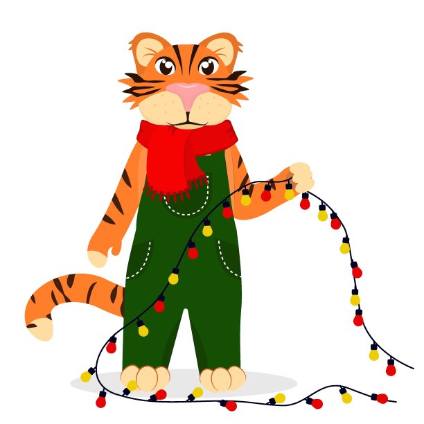 圣诞矢量插图的老虎与一个花环在他的手中，孤立在一个白色的背景图片下载