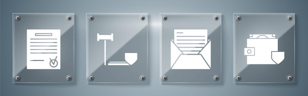 钱包和钞票上设盾牌，邮件和电子邮件，法官的木槌上设盾牌，确认文件和检查标记。方形玻璃面板。向量图片下载