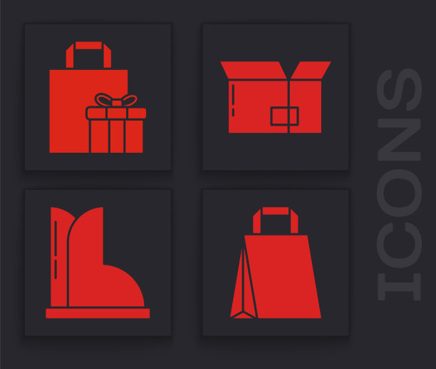 集纸制购物袋，礼品盒，纸箱纸箱和防水橡胶靴图标。向量图片下载