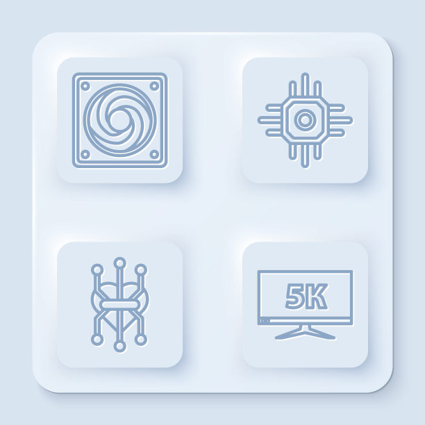 设置线电脑冷却器，处理器，处理器和显示器显示5k视频。白色正方形按钮。向量图片下载