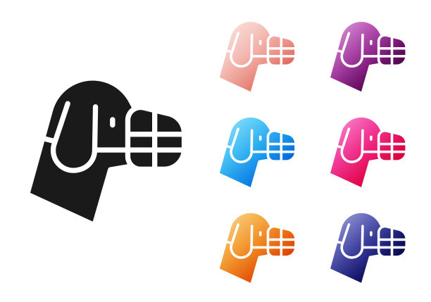 黑狗在炮口图标孤立在白色背景。附件为狗。设置图标丰富多彩。向量图片下载