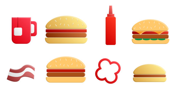 一套8个图标的项目美味的食物和零食的咖啡馆酒吧餐厅在一个白色的背景:茶，汉堡，番茄酱，培根，墨西哥胡椒图片下载