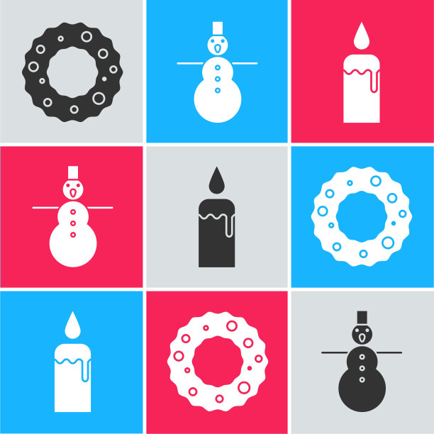 在烛台图标上设置圣诞花环、圣诞雪人和燃烧的蜡烛。向量图片下载