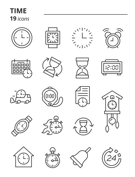 时间和时钟相关的图标设置。简单的向量线性符号集合。图片下载