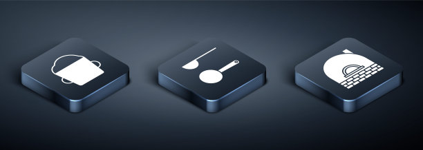 设置等距面包碗面团，砖炉和测量勺图标。向量图片下载