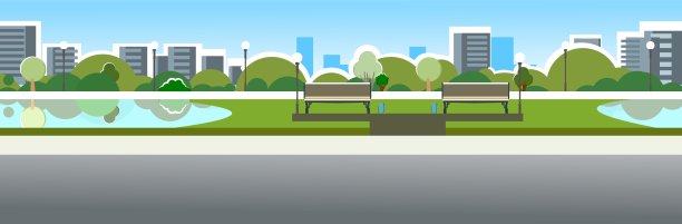 城市公园地区。树木，灌木和灯笼。美丽的夏季城市景观在克制的颜色。长椅和池塘。一个放松、散步和约会的地方。漂亮的背景图片。草坪。向量。图片下载