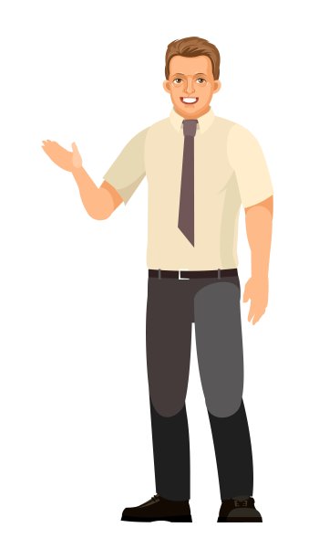 那个人站着。年轻英俊漂亮的男孩。友好的微笑。穿裤子、衬衫和领带。用手示意。单身。卡通平的风格。插图是孤立的白色背景。向量图片下载