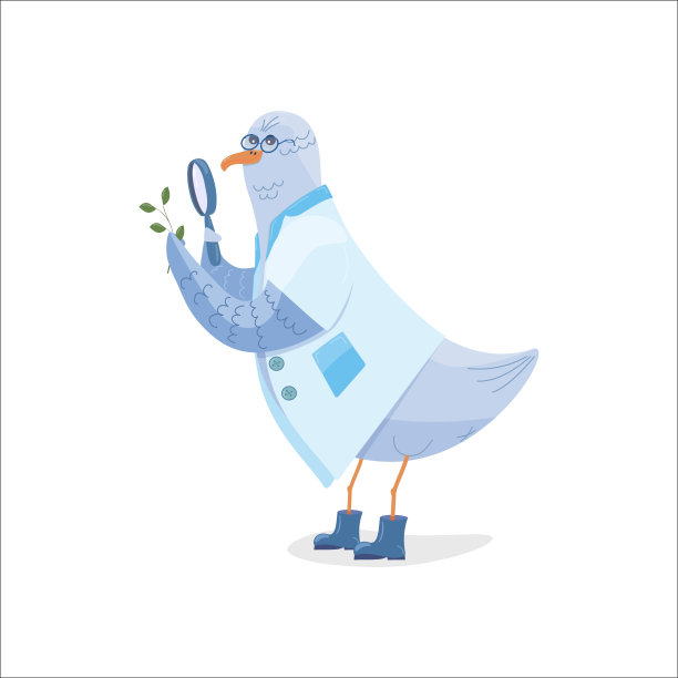 穿着白色外套、戴着眼镜、穿着蓝色胶靴的儿童角色海鸥书呆子正在用放大镜检查一根小树枝。隔离图片下载