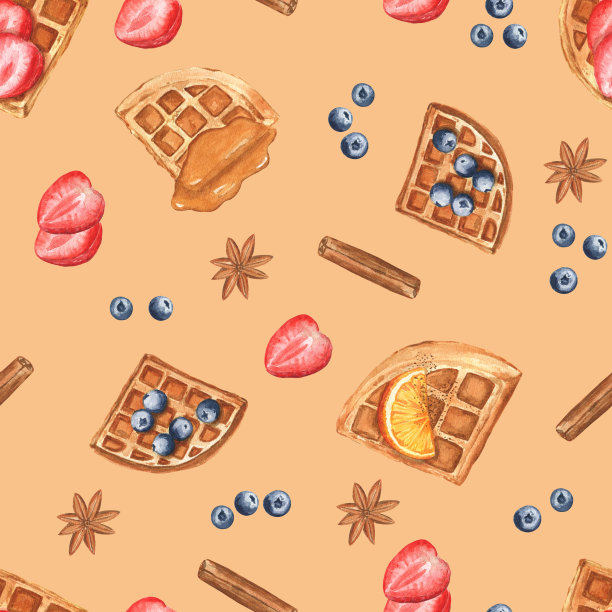 比利时华夫饼与浆果和香料的水彩画在温暖的浅橙色背景上。无缝的图案设计。图片下载