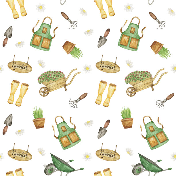 园艺重复背景，园艺工具无缝图案，暑假，农事剪贴纸，手推车与花图片下载