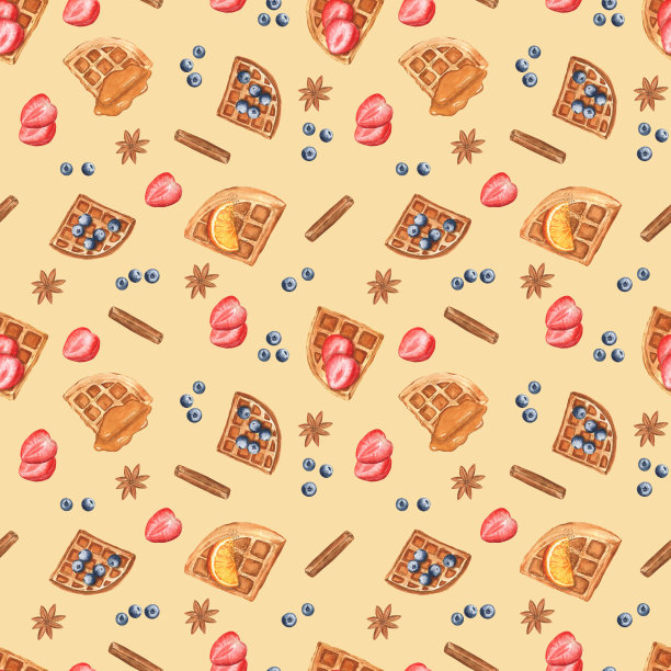 比利时华夫饼与浆果和香料的水彩画在温暖的黄色背景上。无缝的图案设计。图片下载