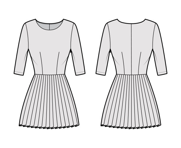 连衣裙百褶裙技术时尚插图与肘袖，合身的身体，迷你裙。平服装方面图片下载