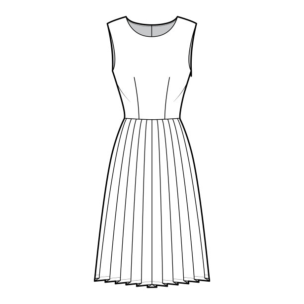 连衣裙打褶的技术时尚插图与无袖，合身的身体，及膝裙。平服装方面图片下载