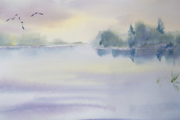 水彩温柔的早晨景观与一个湖和海鸥图片下载
