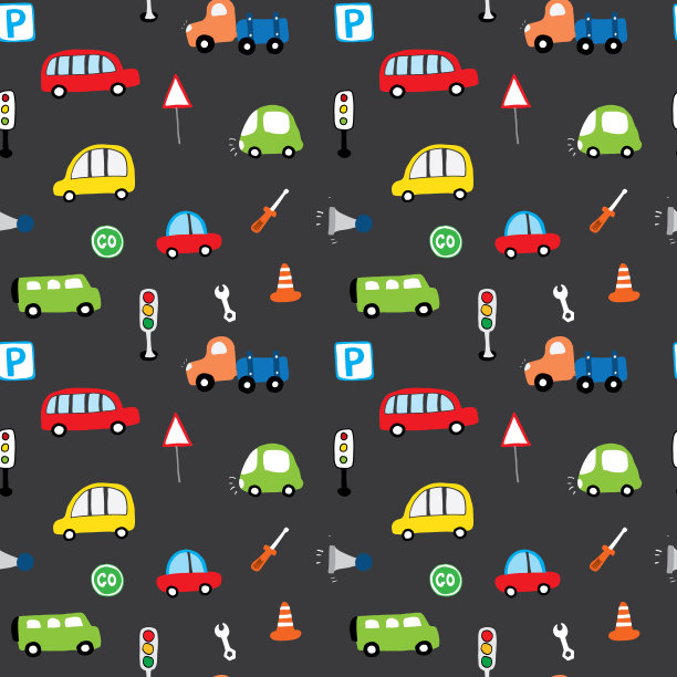 可爱的汽车无缝图案，卡通交通涂鸦背景，矢量插图图片下载