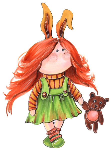 可爱的儿童素描插图红发娃娃在绿色背心裙和野兔耳朵与泰迪熊玩具图片下载