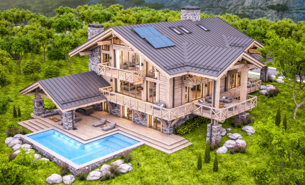 现代舒适小屋在晚上的3d渲染图片下载