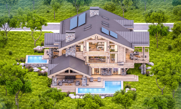 现代舒适小屋在晚上的3d渲染图片下载