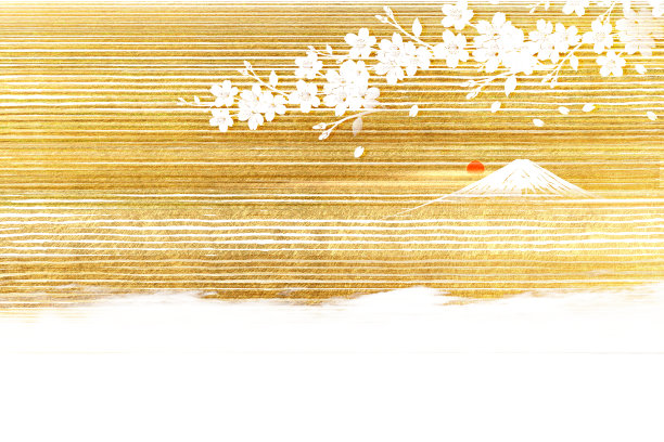 富士山和樱花的金色日本纸背景图片下载