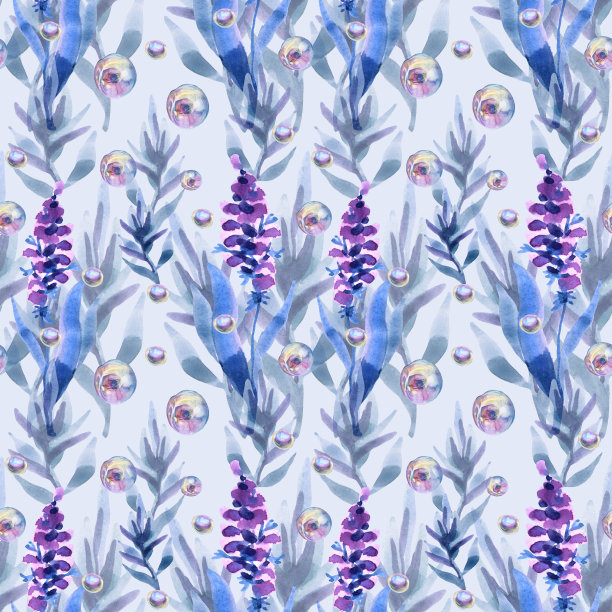 无缝图案水彩手绘蓝色和紫色抽象薰衣草叶，珠珍珠。分支艺术创意的自然背景花店，婚礼，庆典，壁纸，纺织，包装图片下载