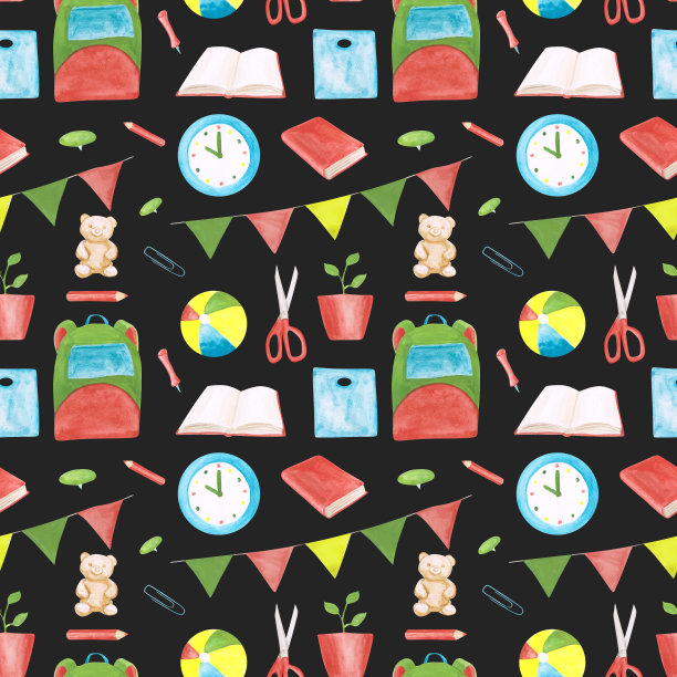 水彩幼儿园无缝模式上的黑色背景。一个时钟，一本书，一个图钉，花盆里的一株植物，一个球，剪刀，一个背包，一支铅笔，一个花环，和一本打开的书无休止的打印。图片下载