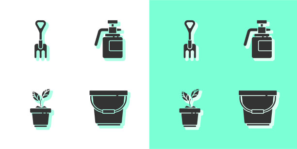在花盆和喷雾器中放置桶式花园耙植物图片下载