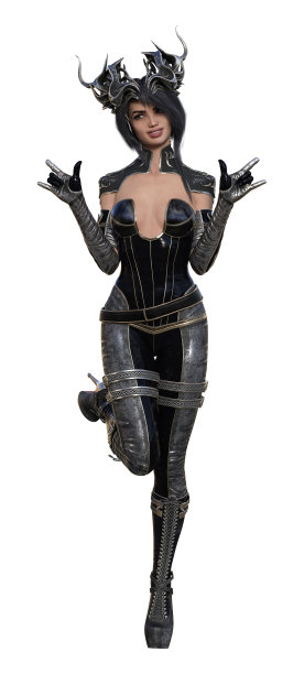 一个美丽的女人穿着紧身的皮衣和一个角形状的皇冠在一个古怪的舞蹈姿势孤立在一个白色的背景。图片下载