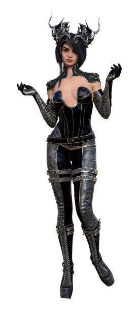 一个美丽的女人穿着紧身的皮衣，戴着牛角形状的皇冠，在不知不觉中举起她的双手。图片下载