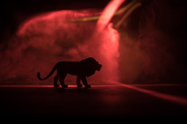 一个微型狮子的剪影站在木桌上。创意装饰与彩色背光与雾。有选择性的重点图片下载
