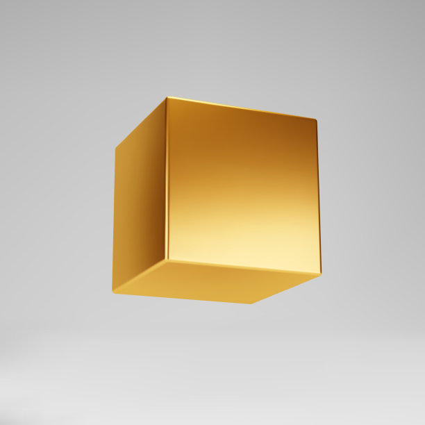 3d黄金金属立方体孤立在灰色背景。在光影透视中渲染一个旋转的金色3d盒子模型。现实向量几何形状图片下载