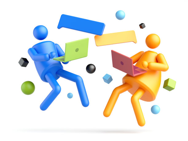 3d渲染男性和女性人物在网上聊天，使用笔记本。社交剪辑艺术孤立在白色背景上。图片下载