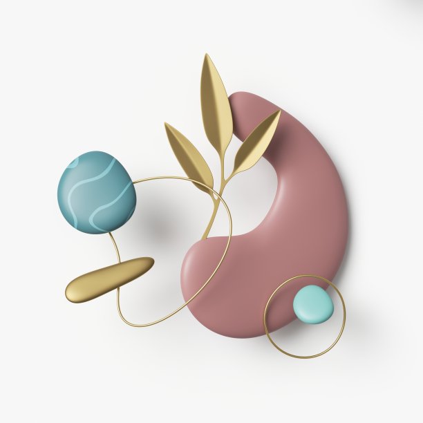 3d渲染，抽象的最小几何组成装饰树叶，金色的戒指和粉红色的蓝色鹅卵石孤立在白色的背景图片下载